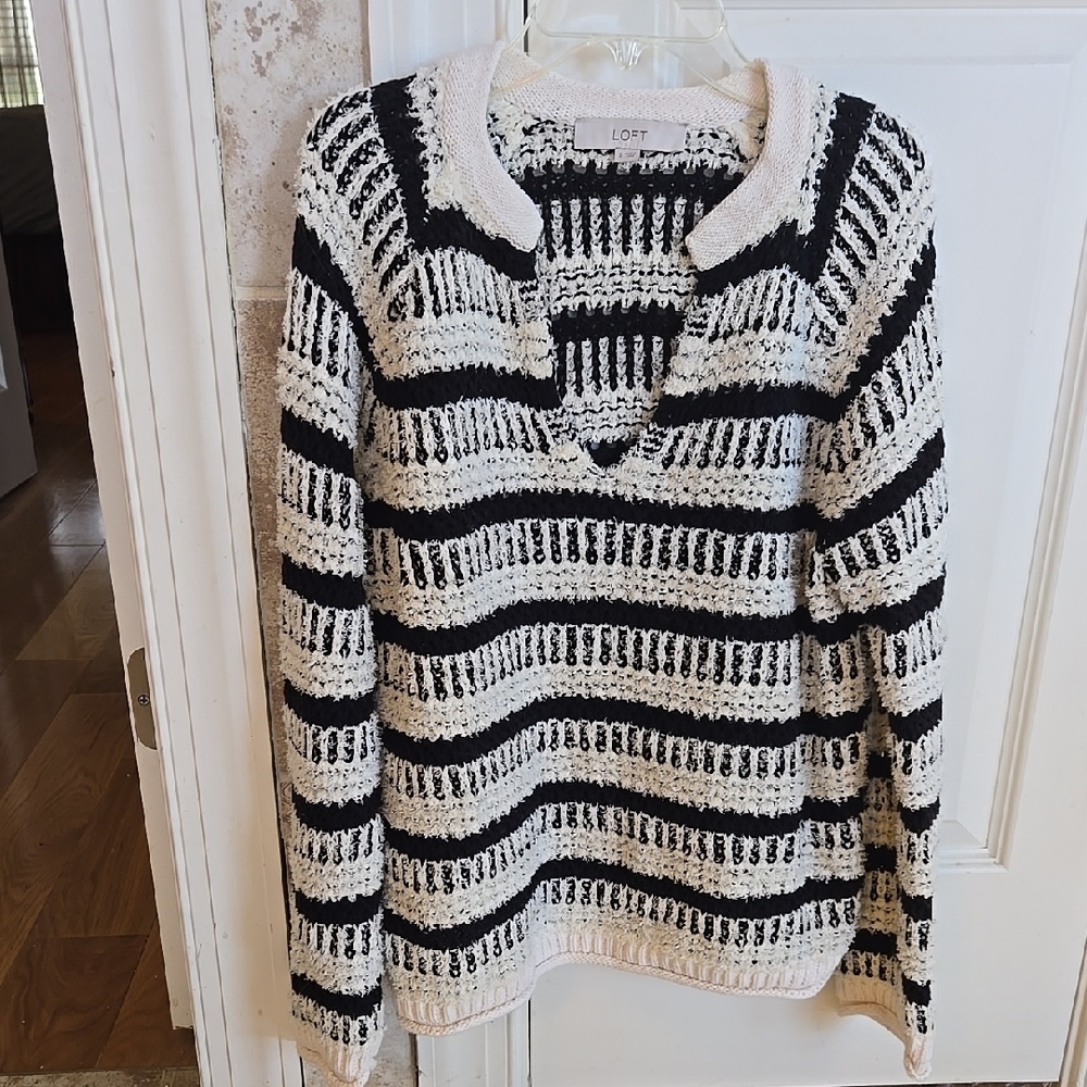 LOFT Black and White V-Neck Sweater with Stripes